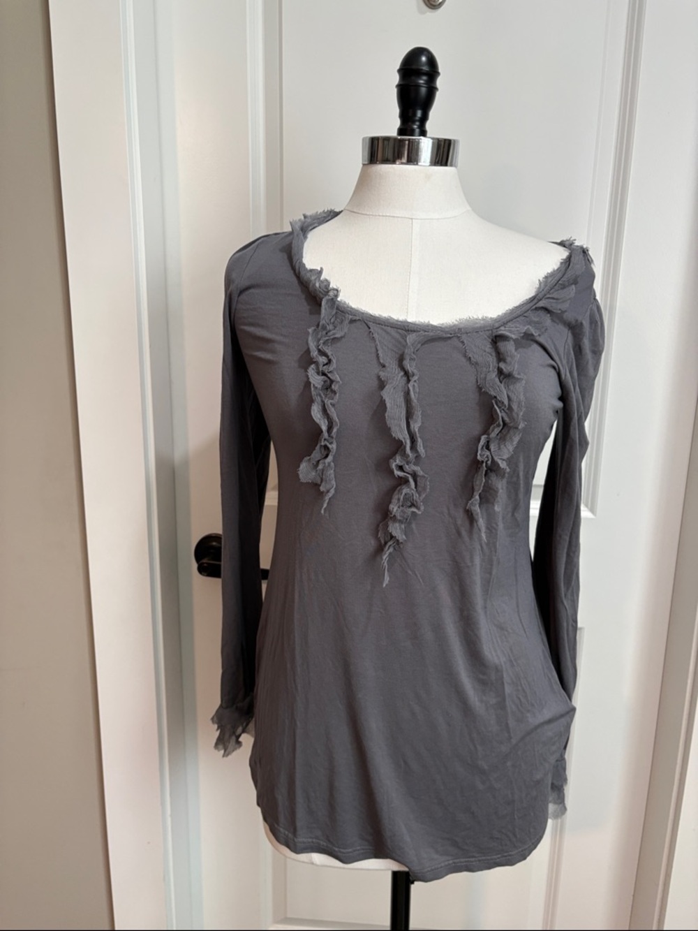 Gray Long-Sleeve Ruffle Trim Women's Top
